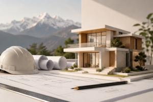 Modern architecture model with blueprints and mountain backdrop in Nepal.