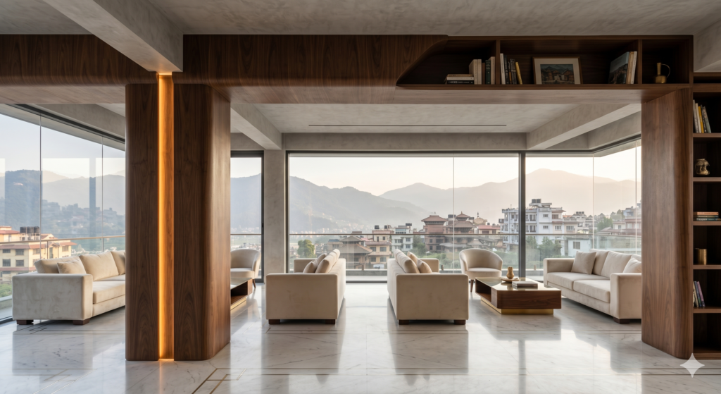 Luxury interior design Kathmandu modern residential lounge walnut timber column wrap architectural photography.