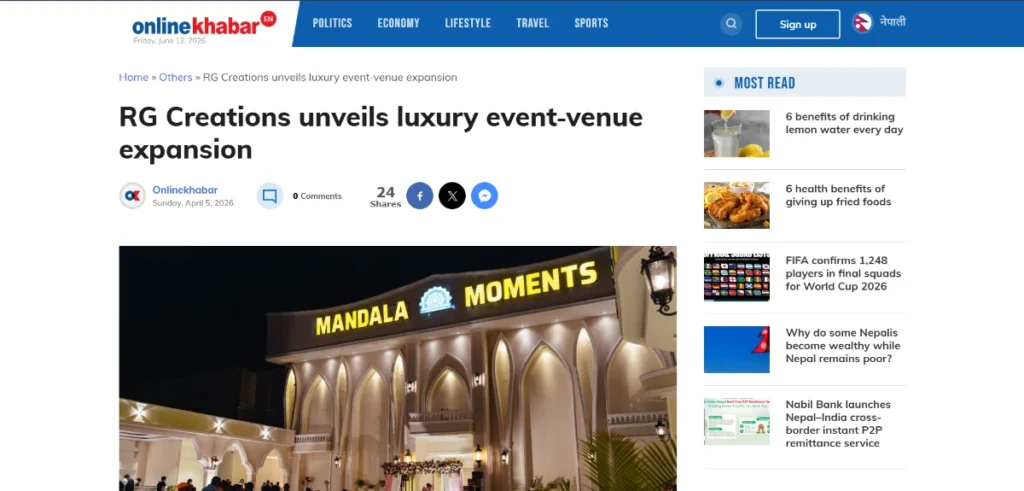 RG Creations unveils luxury Event‑venue expansion – Online Khabar (Nepal Top News Portal)