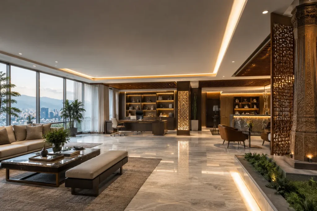 Modern luxury interior design in Kathmandu featuring a stylish living space and commercial workspace designed by a professional interior design company in Nepal.