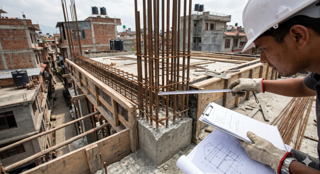 Structural engineer inspecting rebar and foundation work on a Kathmandu construction site.
