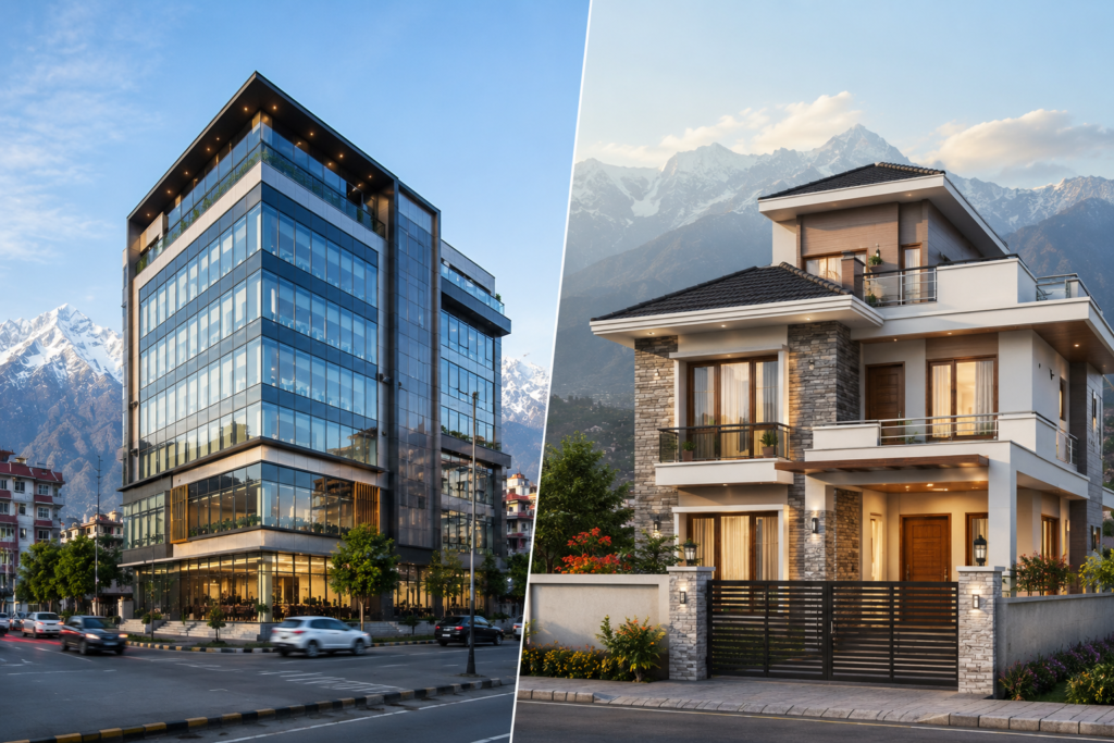 Comparison of modern commercial and residential buildings in Nepal with Himalayan mountain scenery