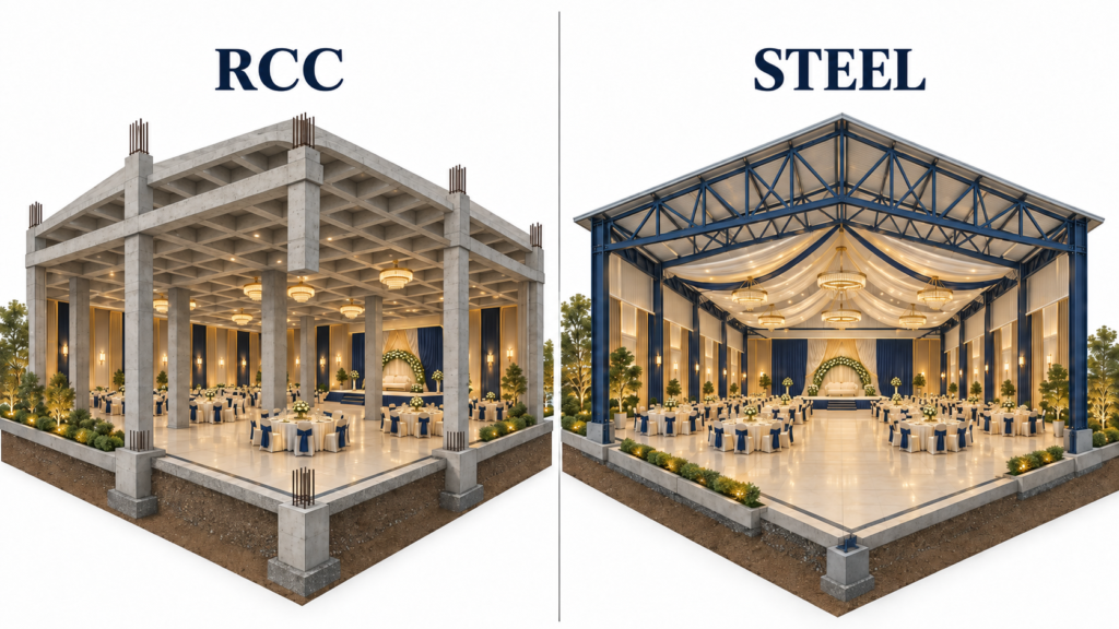 Isometric comparison of RCC and steel-framed banquet halls, showing an RCC waffle slab roof with internal concrete columns versus a long-span steel truss roof with a spacious, column-free interior.